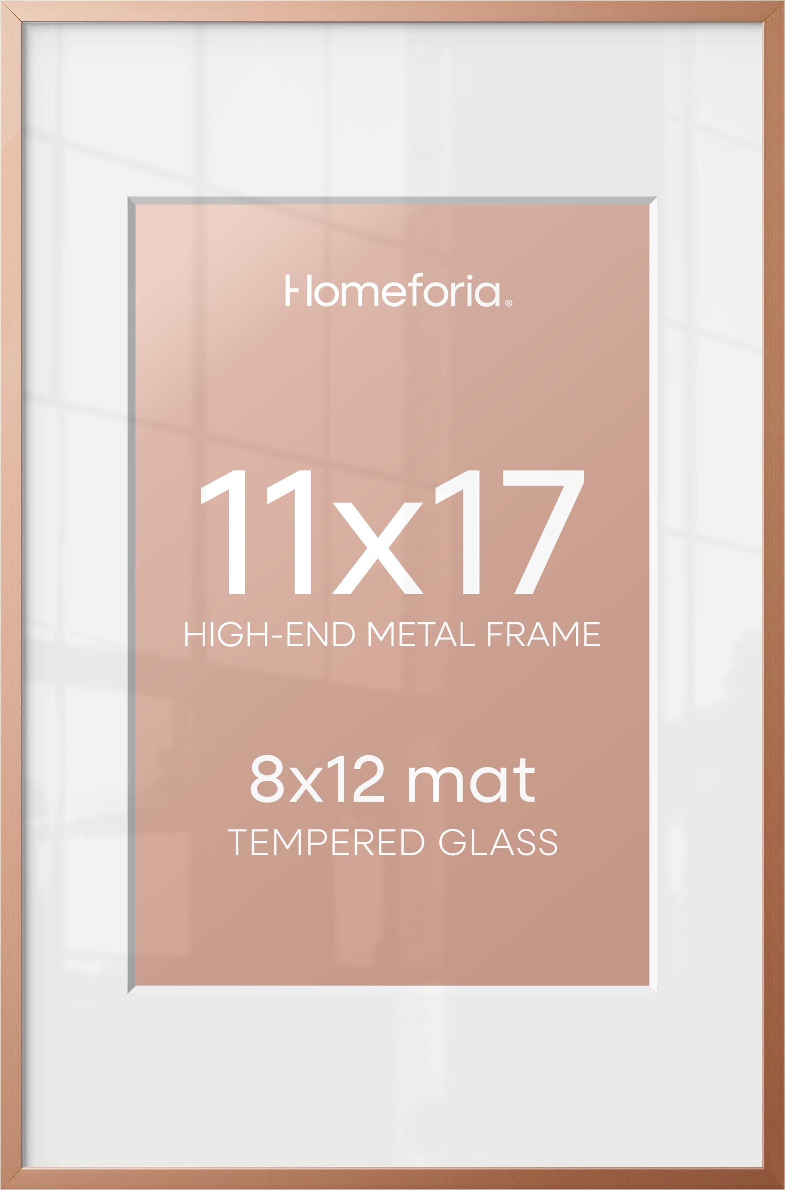 Homeforia 11x17 Rose Picture Frame, High-End Metal, 8x12 Mat, Glass | High End Aluminum, Tempered Glass, Acid-Free 8x12 Removable Mat, 11x17 in Edge-to-Edge Display 17x11, Wall Kit, Set Of 1