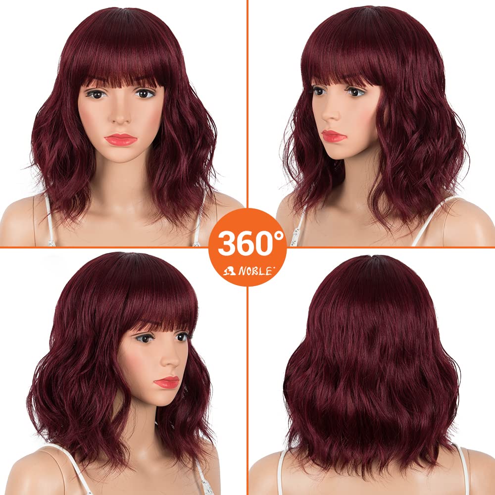 NOBLE Synthetic Ombre Burgundy Wig Short Wavy Wigs With Air Bangs Shoulder Length Wig For Women Curly Wavy Heat Resistant Synthetic Colorful BOB Wigs - Image 4