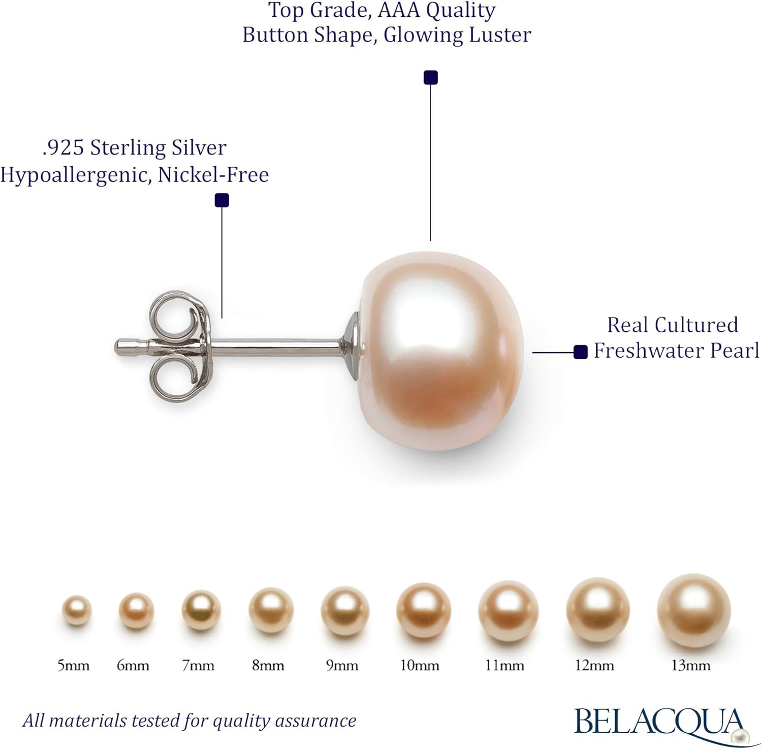 Belacqua Sterling Silver AAA Quality White, Pink, Black or Chocolate Freshwater Cultured Button Pearl Stud Earrings for Women, Size - Small 5.5 mm to Large 10.5 mm, Real Pearl Jewelry for Women, Gift Box Included - Image 4