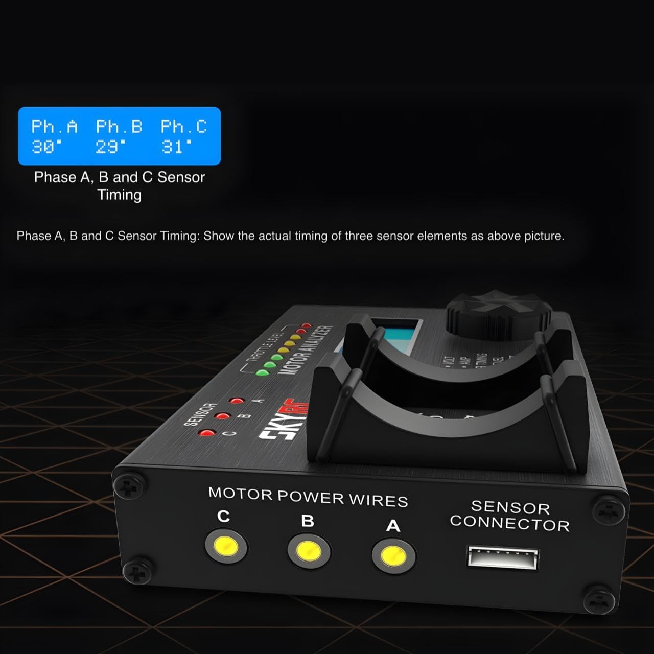 SkyRC Motor Analyzer displaying Phase A, B, C Sensor Timing
