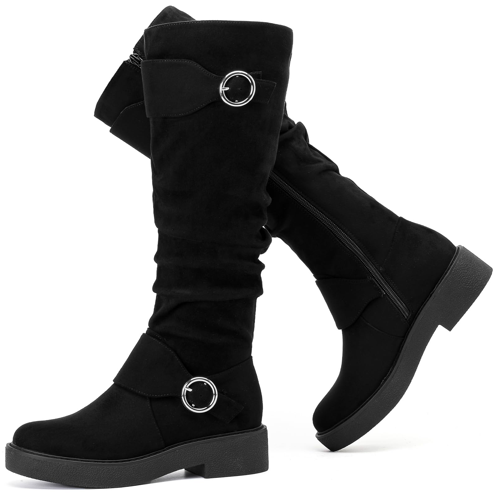 Womens Slouchy Knee High Boots Comfortable Wide Calf Platform Flat Tall Boot Stylish Round Toe Fall Winter Casual