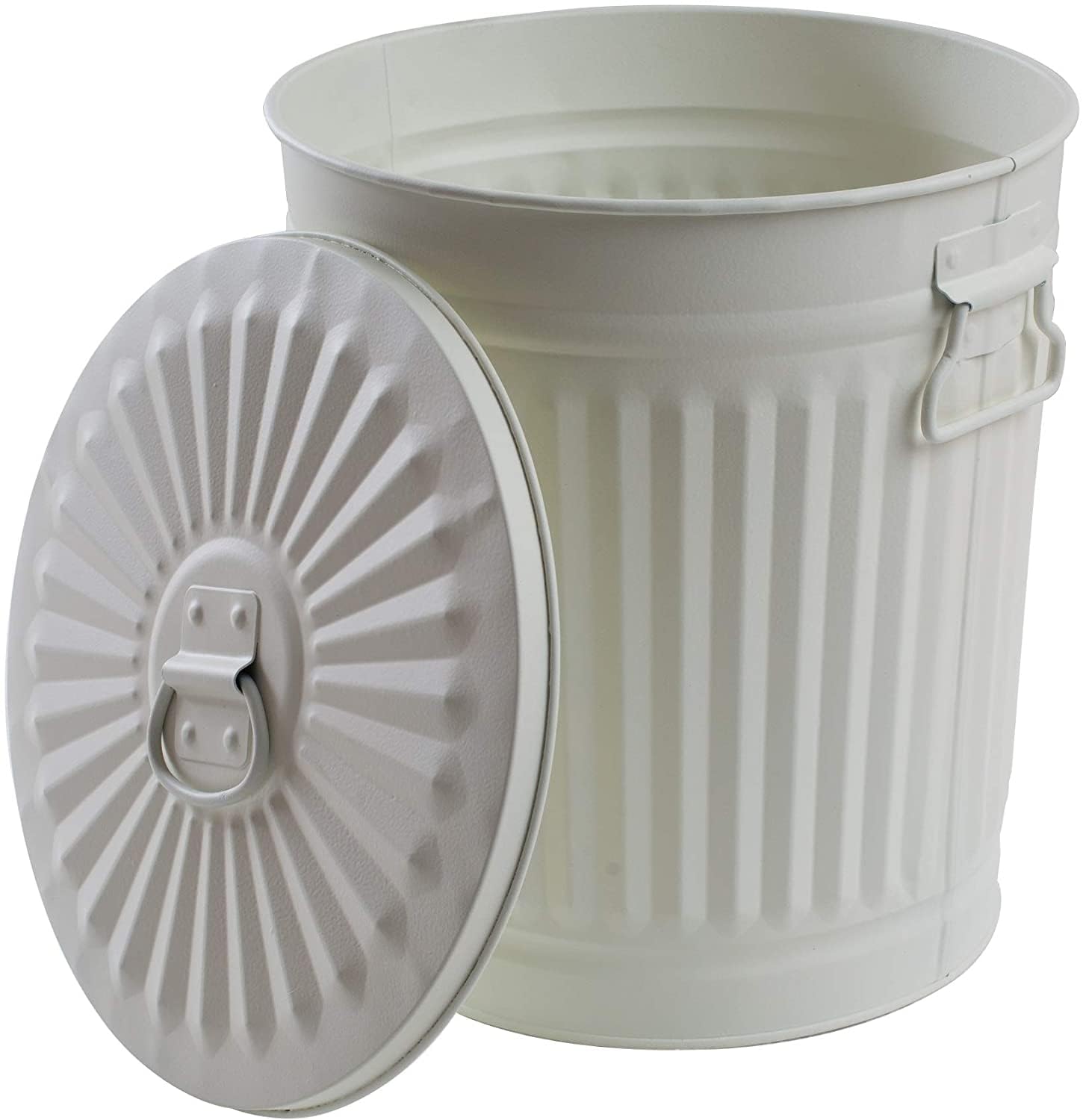 2 Bidoni in metallo laccato a polvere con manici e coperchio design retrò + 5 sacchetti per pattumiera | Bianco crema | Ø 44 cm | Capienza 62L