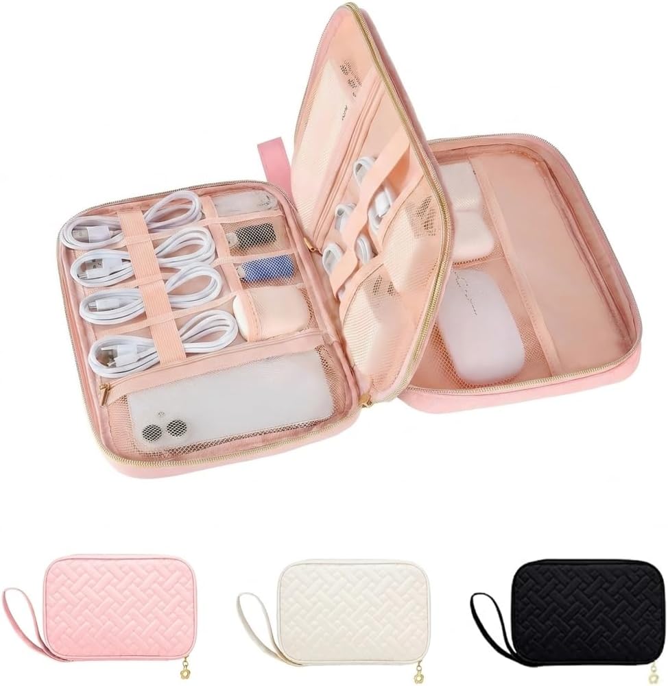 Double Layer Electronic Travel Storage Bag, Stylish Pouch for Headphones & Hard Disks, Festive Portable Tech Organizer