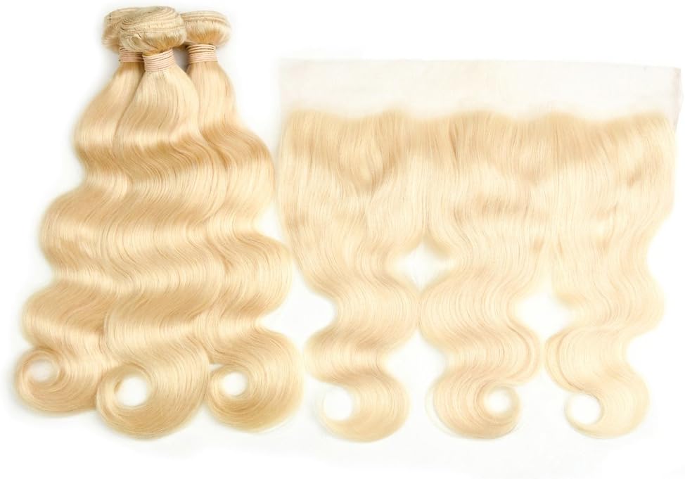 DACHIC 613 Blonde Human Hair 3 Bundles with Frontal 9A Brazilian Body Wave with Frontal 100% Virgin Human Hair Weave with Lace Frontal (12 12 14+10)