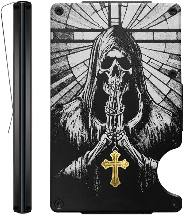 Devout Believer Skull Praying Jesus Cross Aluminum Wallet for Men with Brass Inlay and Engraved Finish Metal Money Clip RFID Blocking Credit Card Holder