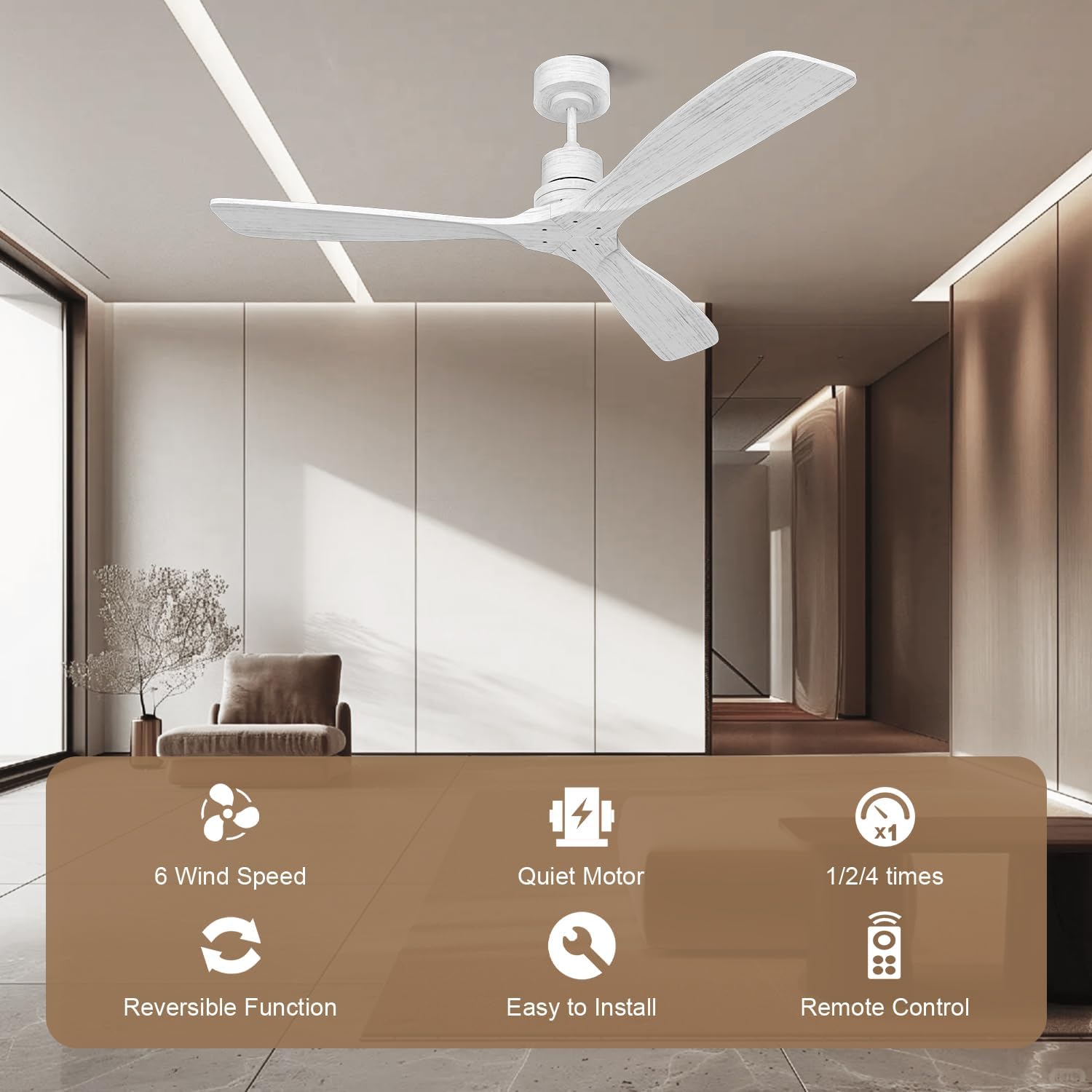 Obabala Ceiling Fan No Light 52inch Modern Outdoor Ceiling Fan Without Light 3 Wood Blade Fan with Remote Quiet Reversible DC Motor for Patios Farmhouse Bedroom Kitchen