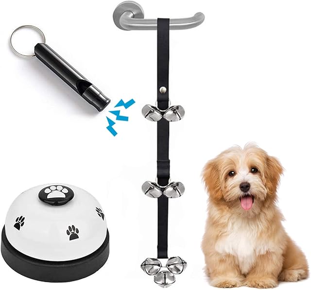 XIRGS Dog Bell, Training Potty Pet Doorbell Adjustable Door Press Bell for Toilet Training Hunting 7 Large Dog Training Bells Clear Ring Pet Tool Communication Device with Whistle (Black)