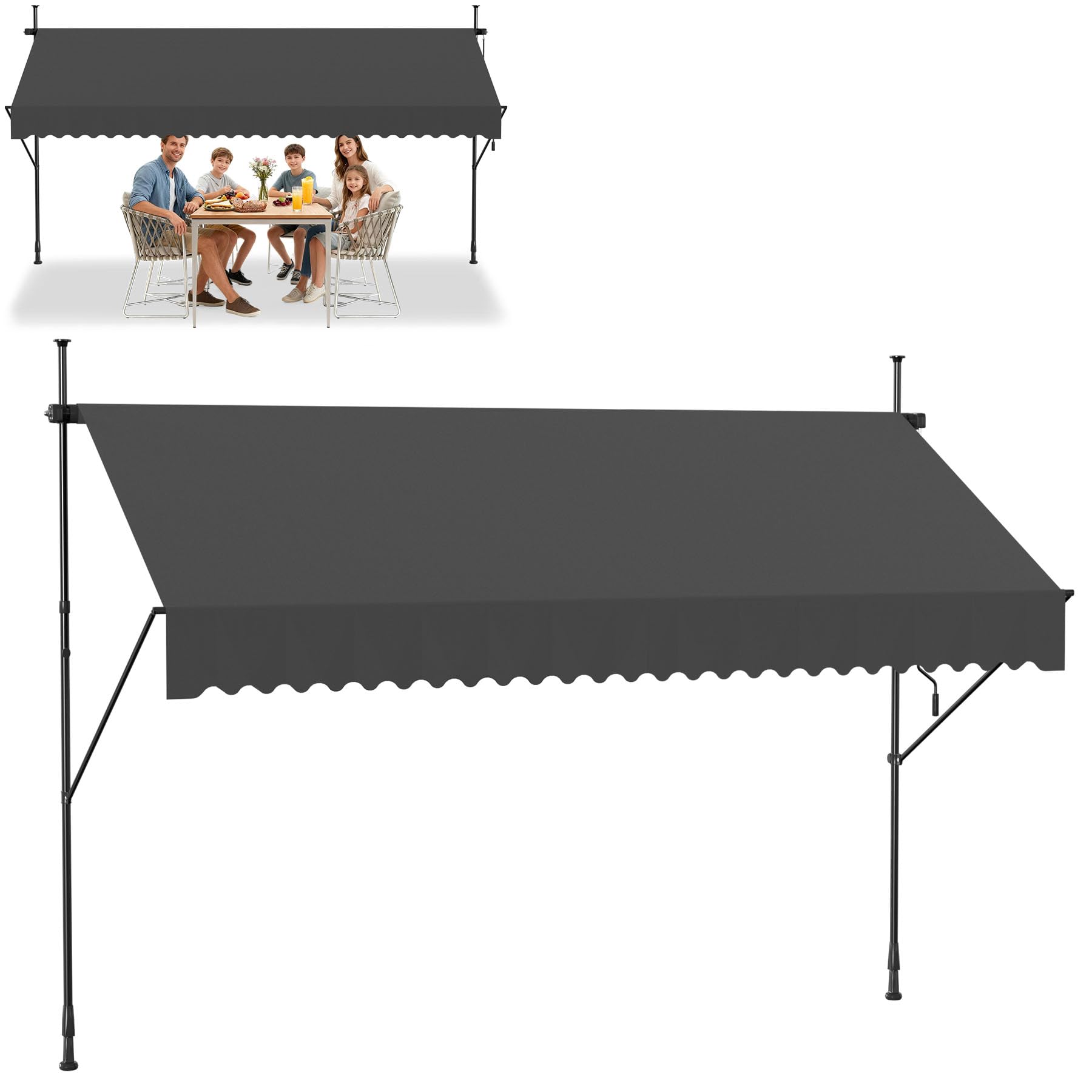 Froadp Markiza Zaciskowa Rozkładana Ręcznie Sunshade Balkon Bez Wiercenia Regulacja Wysokości Markiza z Ramieniem Przegubowym i Korbą Ręczną na Taras Ogrodowy (350x120cm, Antracyt)