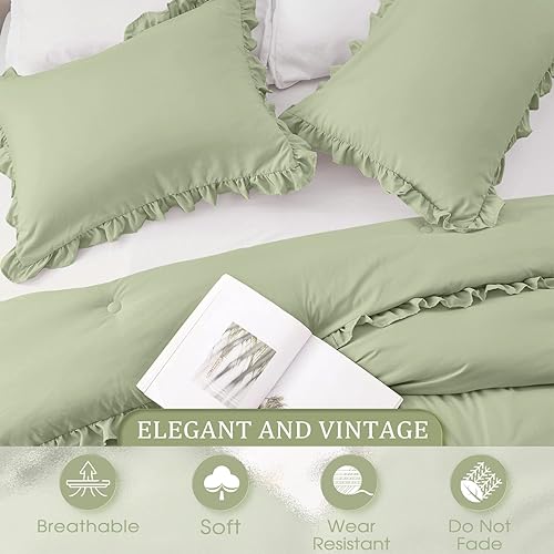 Miniatura 3 de HARBOREST Juego de edredón individual - Juego de edredón ligero de 2 piezas para cama individual - Juego de ropa de cama verde con volantes verdes,