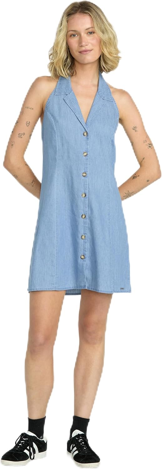 Volcom Women's Saweet Cotton Denim Mini Dress – Vintage-Inspired A-line Halter Dress with Princess Seams