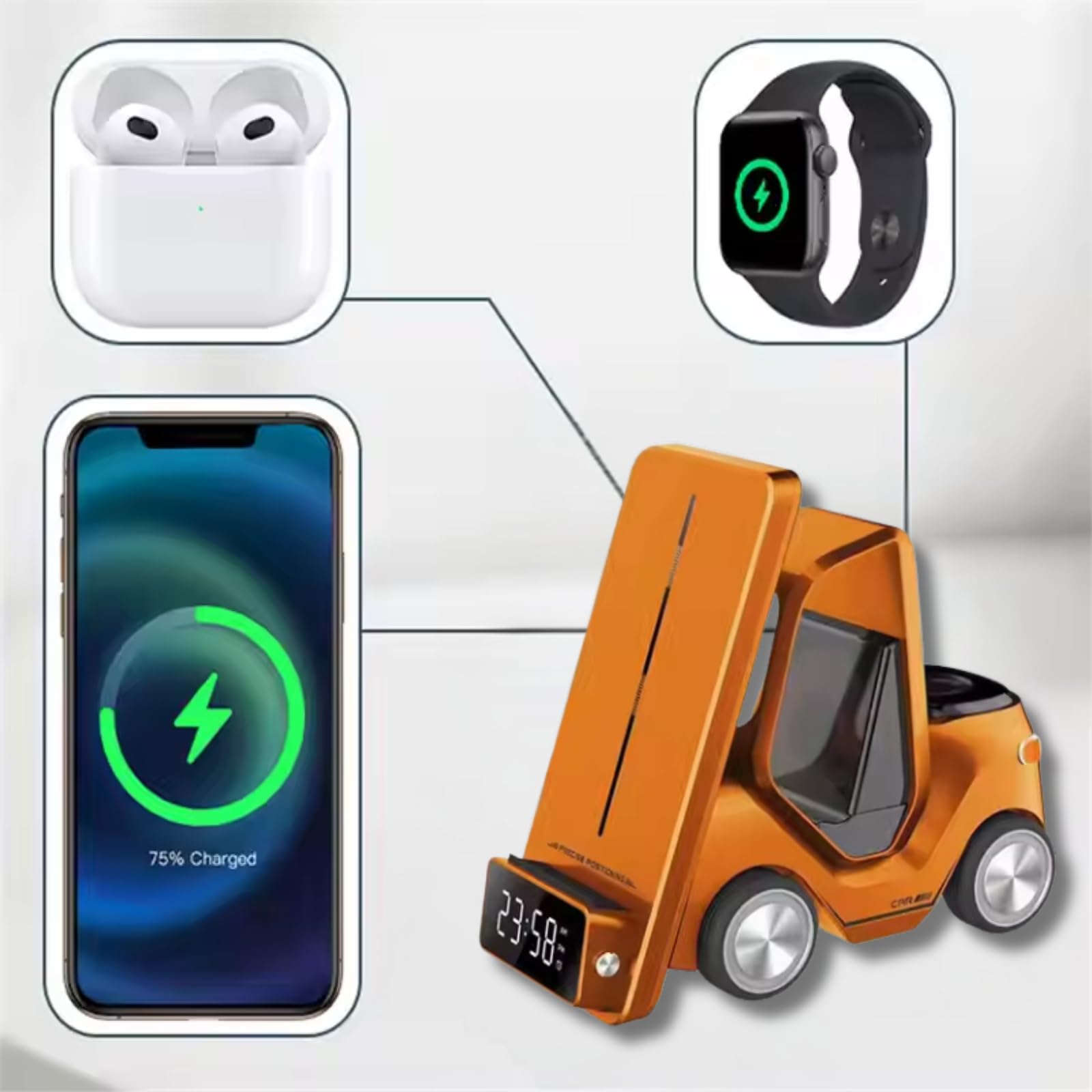 Kabellose Ladestation, kabelloses Laden, Android, Handy, Uhr, Kopfhörer, Multifunktionsuhr, Alarm, Licht, Halterung, Digitalanzeige, automatische Einstellung, Orange