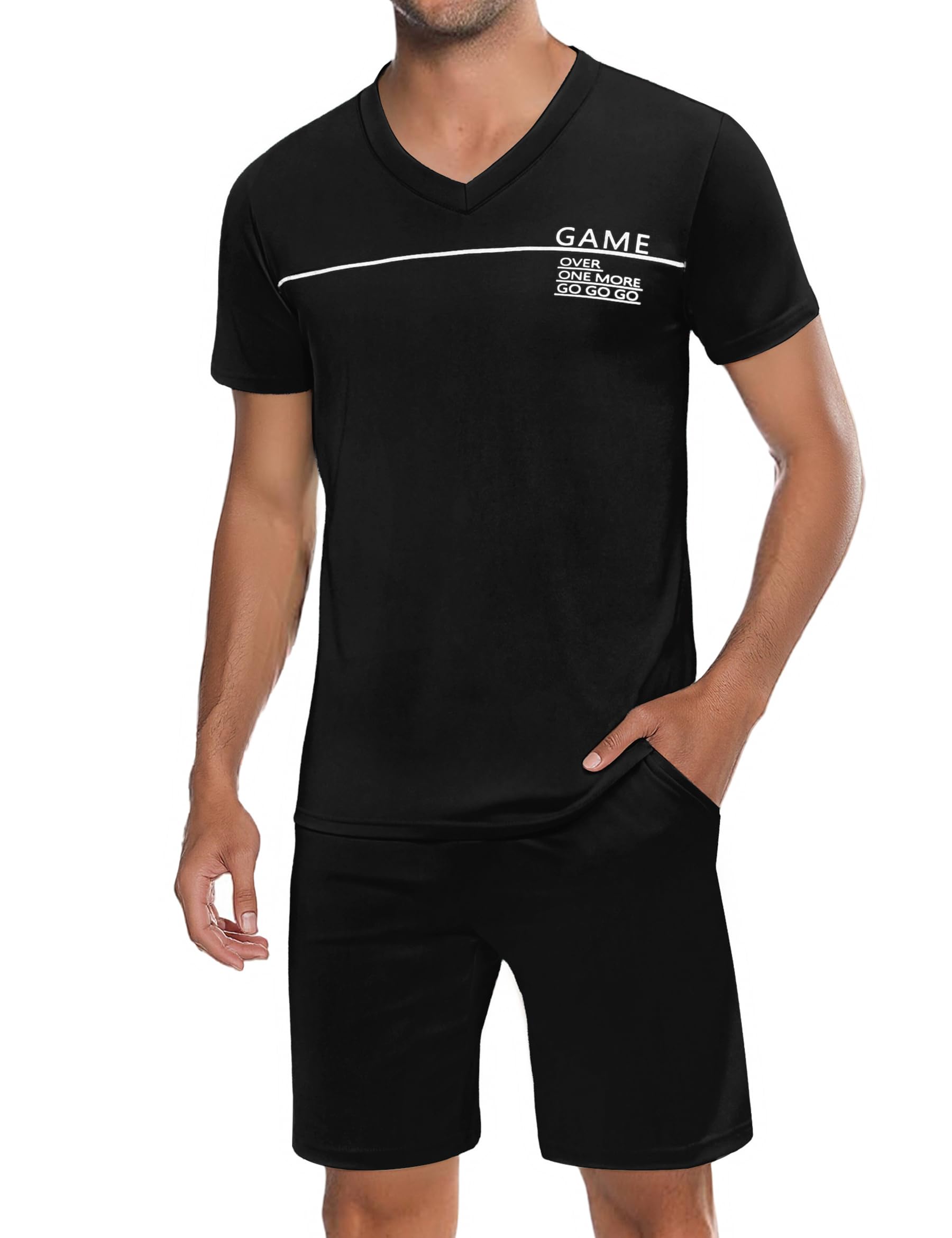 Marvmys Herren Schlafanzug Kurz Pyjama Baumwolle V-Ausschnitt Nightwear Nachtwäsche Pyjamaset Kurzarm T-Shirt Schlafanzughose Shorty