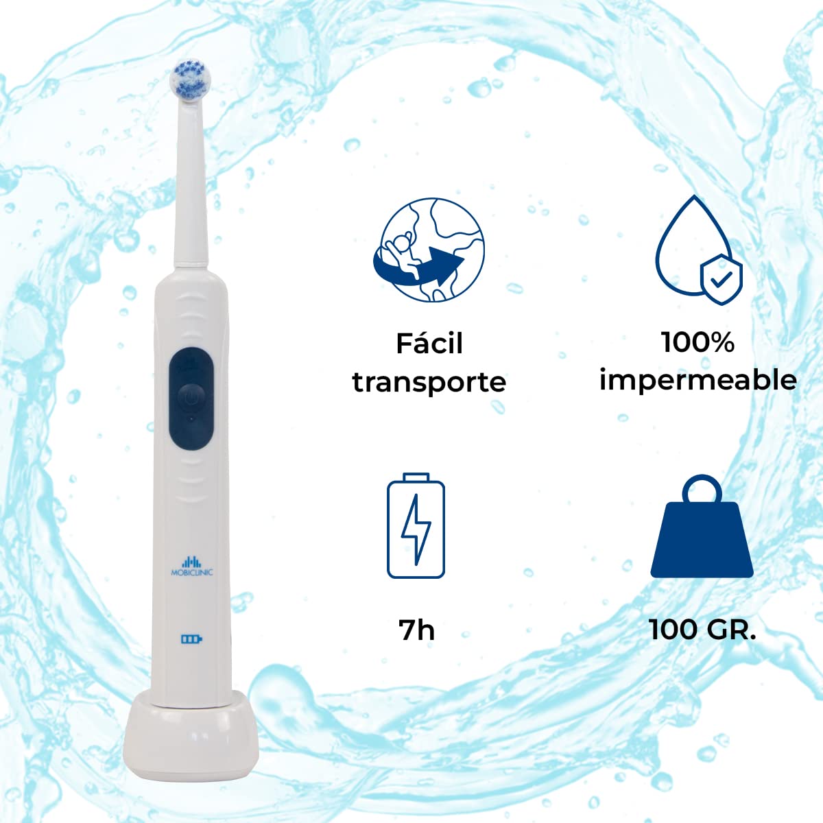 Mobiclinic, Cepillo de dientes eléctrico, Cd-01, Marca española, Recargable, Limpieza en profundidad, Higiene bucal, Forma ergonómica, Impermeable, 2 cabezales repuesto