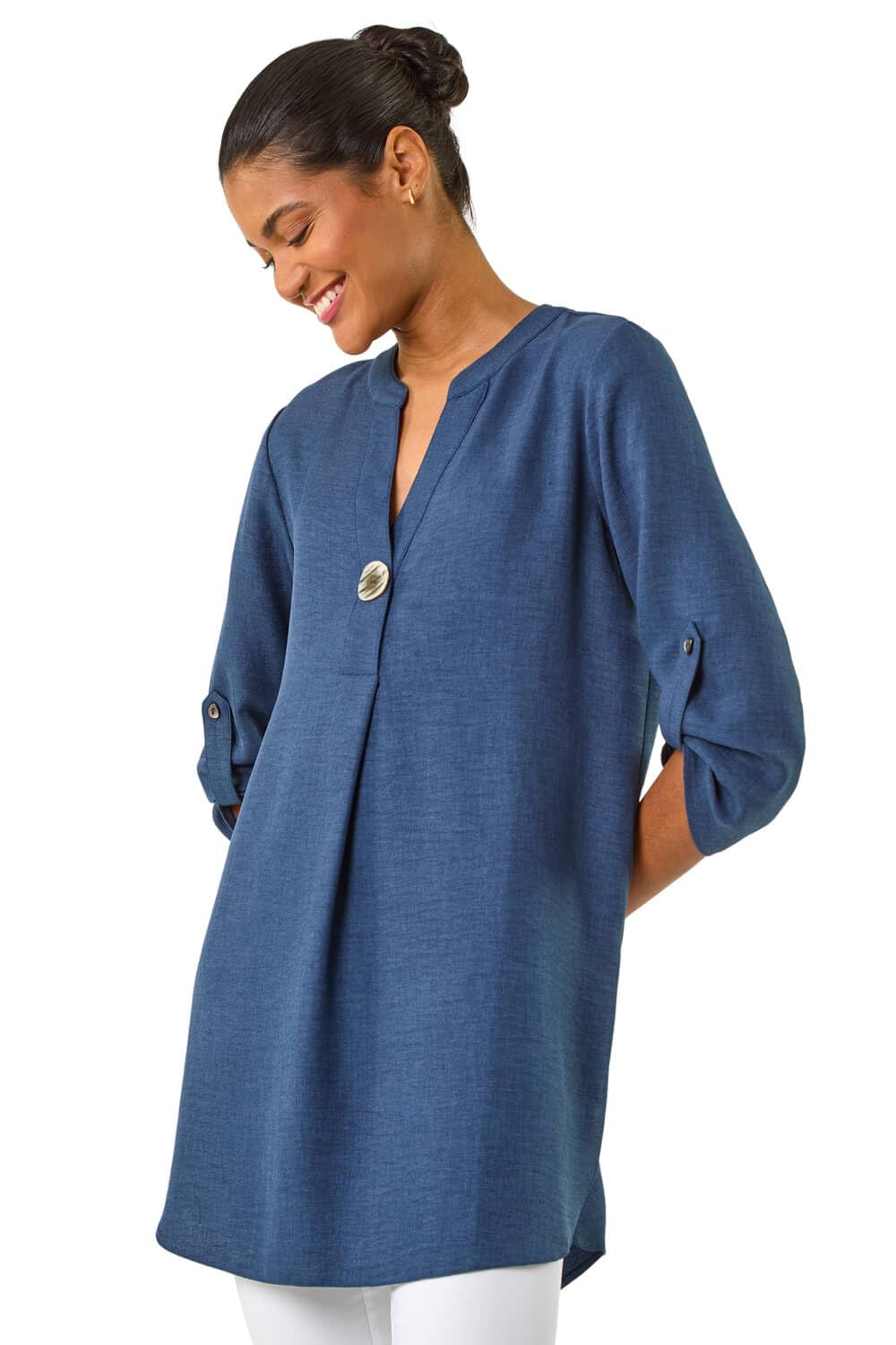 Roman Originals Women's Denim Shirt For Uk Longline Top Collarless Blouse Smart Tunic Casual Evening Relaxed Fit 3/4 Length Sleeve Notch V Neck Long - Size 12