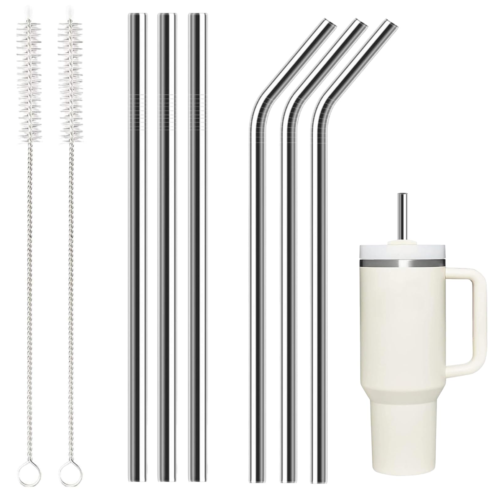 6 Pack Stainless Steel Straw Replacement 40 oz for Stanley Tumbler，3 Straight +3 Curved Reusable Metal Straws with 2 Cleaning Brush Compatible with Stanley 40oz Stanley Cup Tumbler-image-0