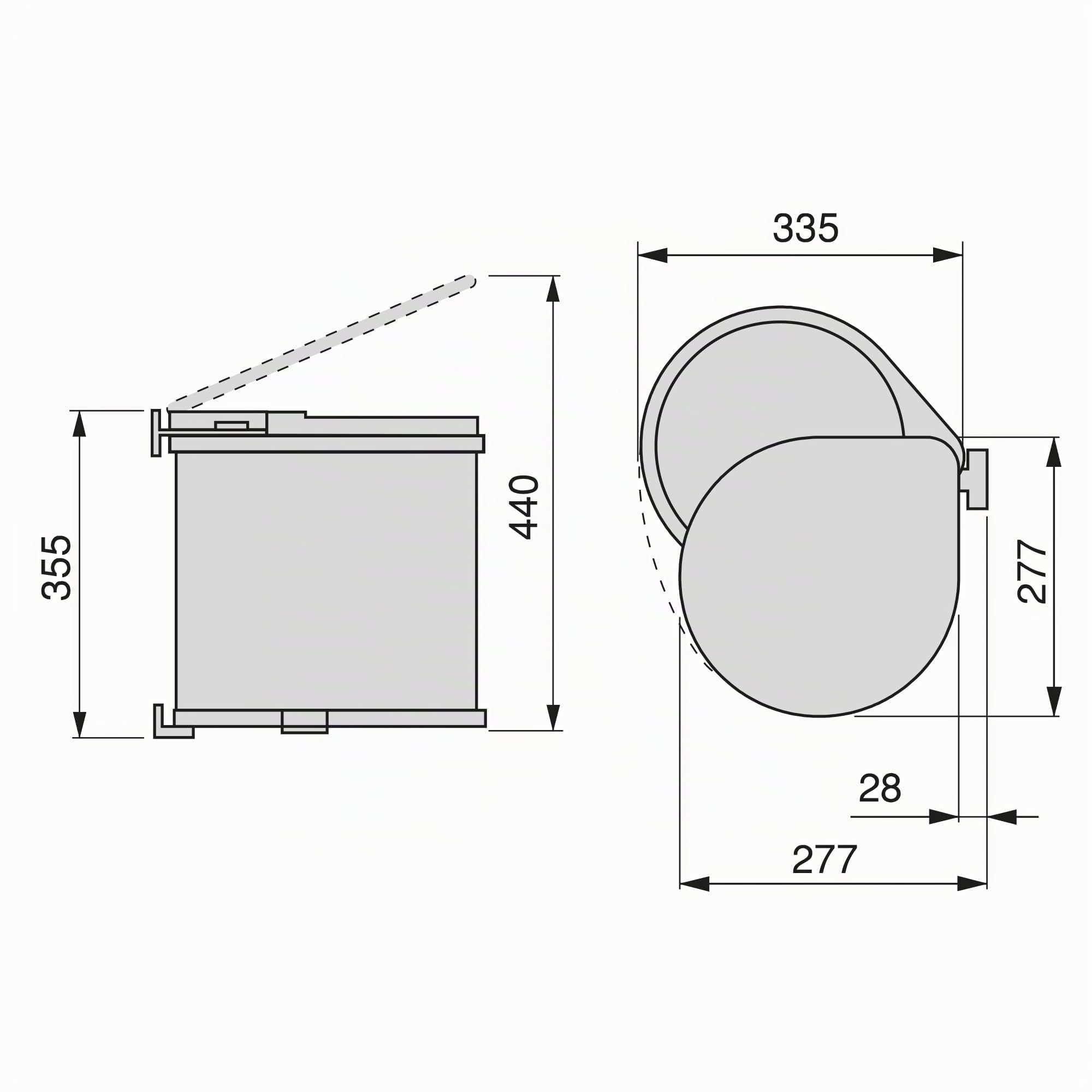 Emuca - Pattumiera per Porta di Mobile, Contenitore di Riciclaggio, Contenitore di 13 L con Coperchio di Apertura Automatica e fissagio a l'anta, Plastica, Grigia.