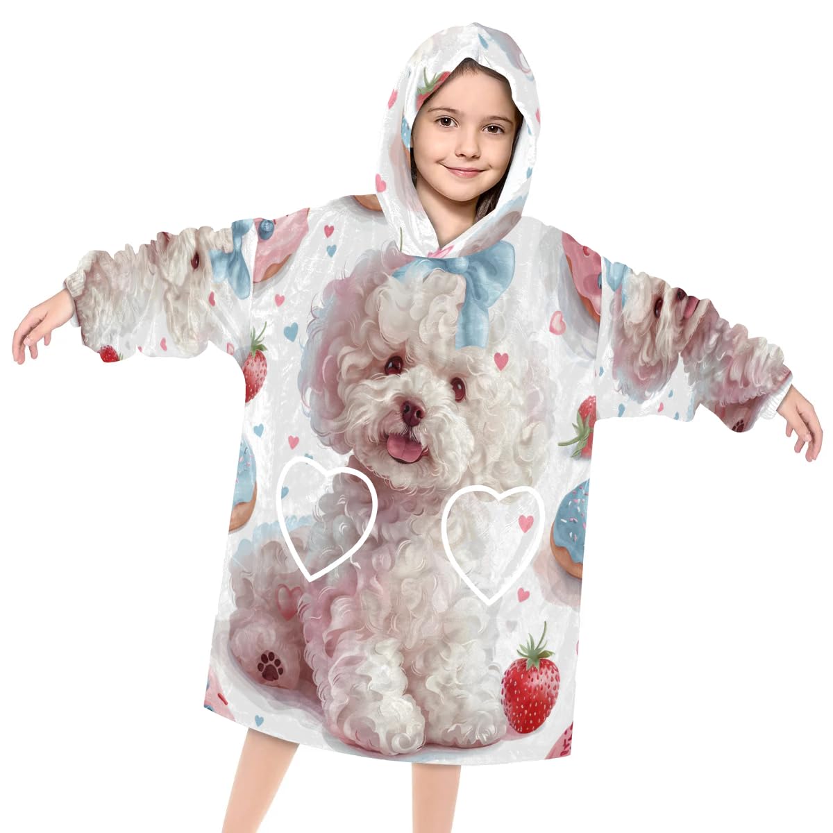 Pardick Wearable Blanket Hoodie for Kids, White Dog Fleece Sweatshirt Blanket Oversized Blanket Sweatshirt with Pocket Flannel Warm Hooded Blanket 6-10 Year Old Girl Boy Gift, One Size