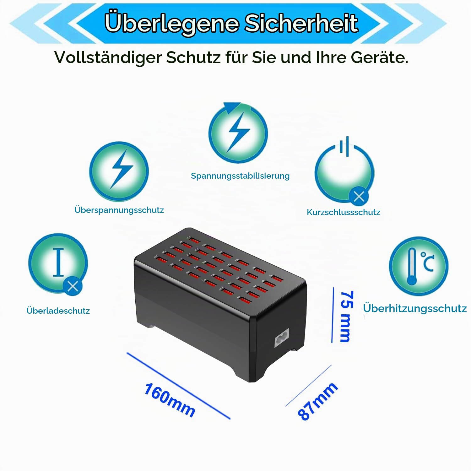 USB-Ladestation, 30-Port 150W/30A Mehrfach-USB-Ladestation, Multi-Port-Ladegerät für Smartphones, Tablets und andere Geräte.