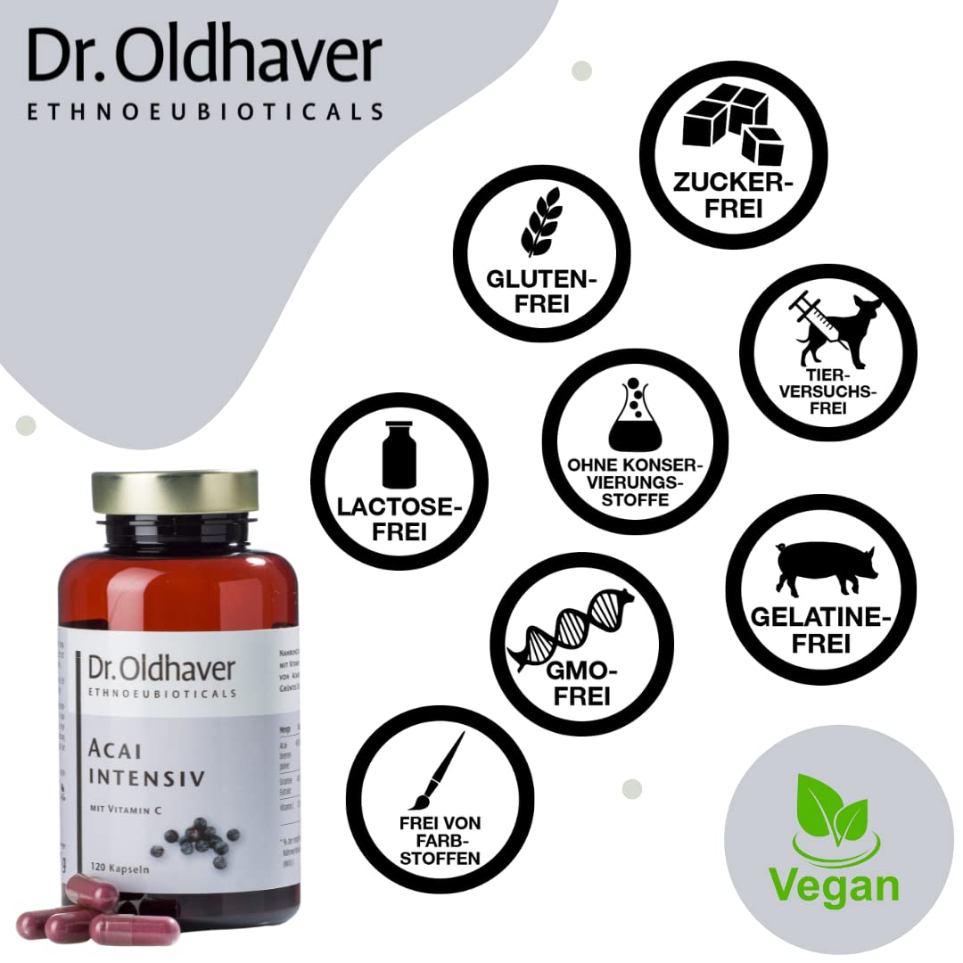 Dr. Oldhaver Acai Intensiv – Acai Beeren Kapseln Hochkonzentriert mit Grüntee Extrakt und Vitamin C (120 Stück), Frei von Gluten und Laktose, für den Energiestoffwechsel