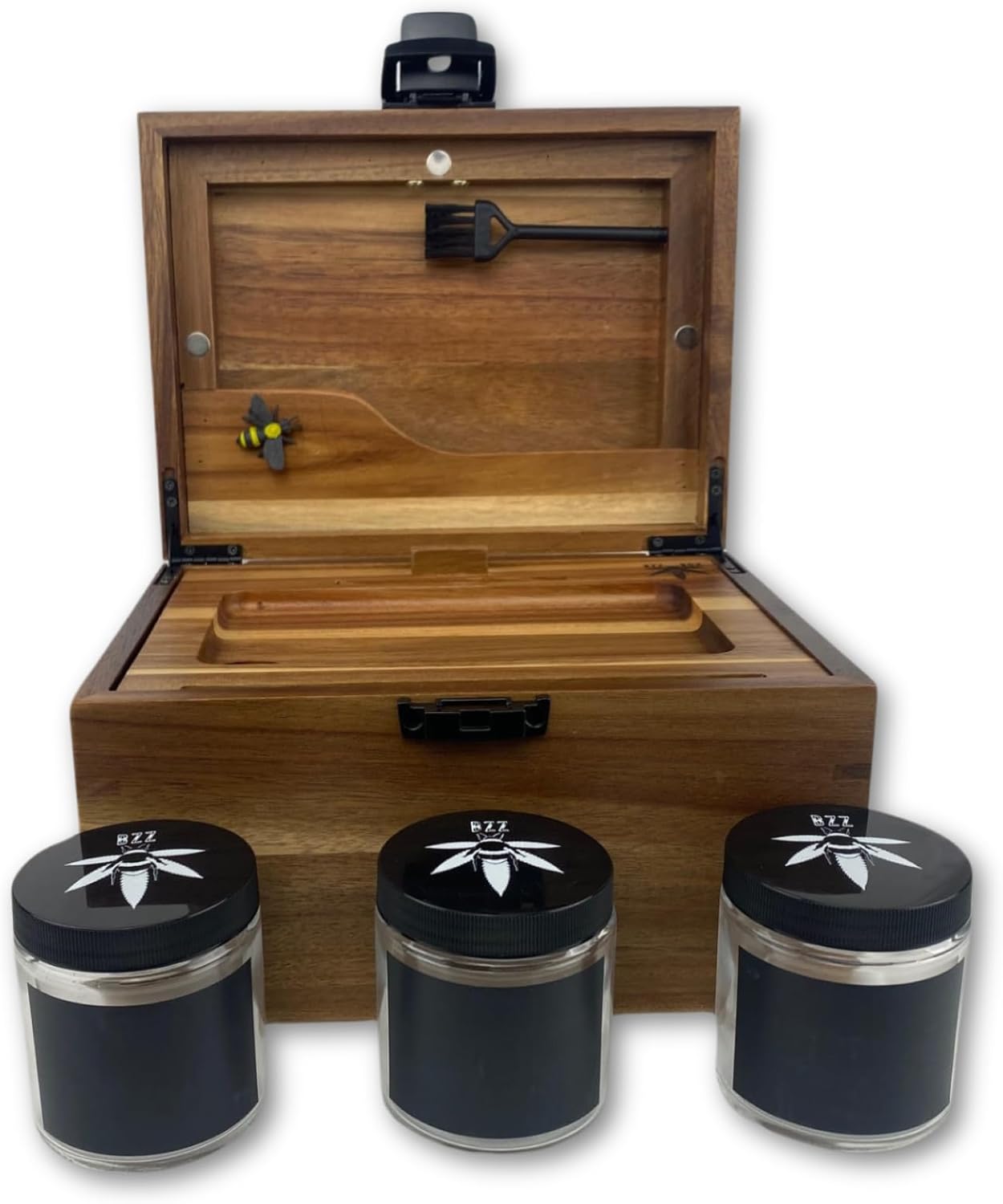 BzzBox Decorative OG Storage Box - Acacia, Lockable, with 3 Jars for Easy Storage | Your Stylish Keepsake Storage Box For Everything