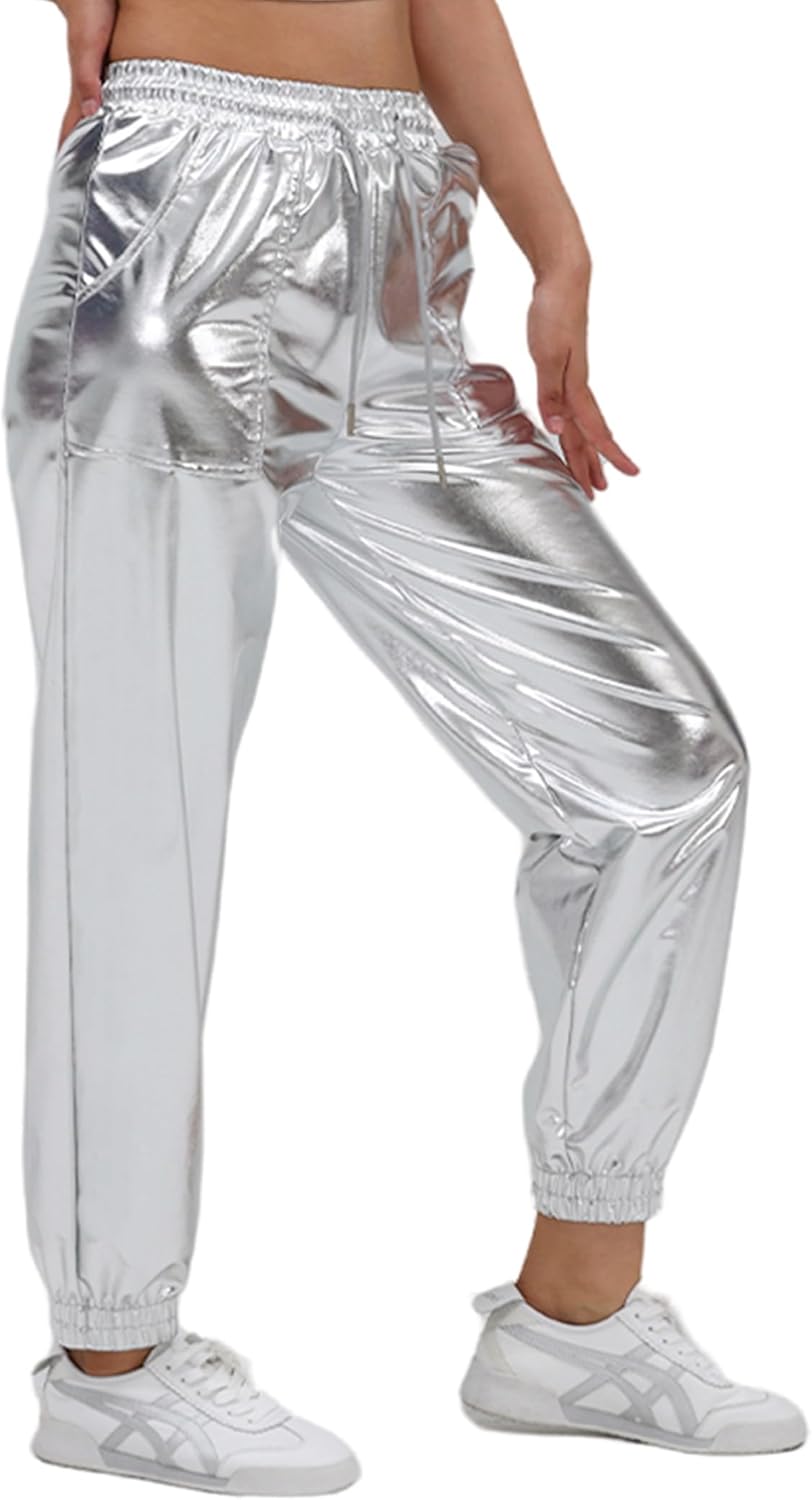 Womens Drawstring Cargo High Waist Jogger Pants Sexy Metallic Sparkly Wide Leg Pants Trousers Clubwear - Image 5