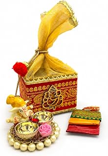 LOVENSPIRE Ganesha Gift Hamper Hindu Religious Ganesh Chaturthi Diwali Puja Housewarming Teej Sankranti Return Gifts - Potli Basket Box Haldi Kumkum Packet & Ganesha Haldi Kumkum Holder