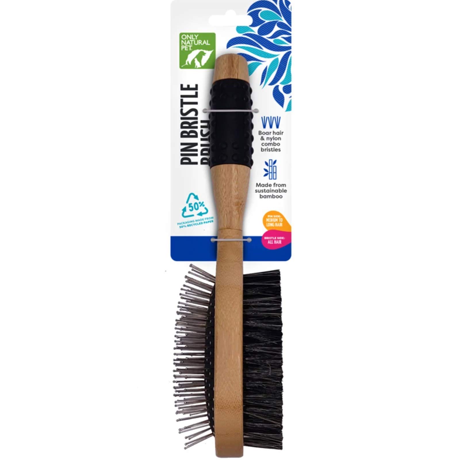 Only Natural Pet Pin & Bristle Brush with Bamboo Handle for Dogs - Double Sided Boar Hair and Nylon Bristles for Grooming, Detangling, and Shedding - Short, Medium or Long Hair
