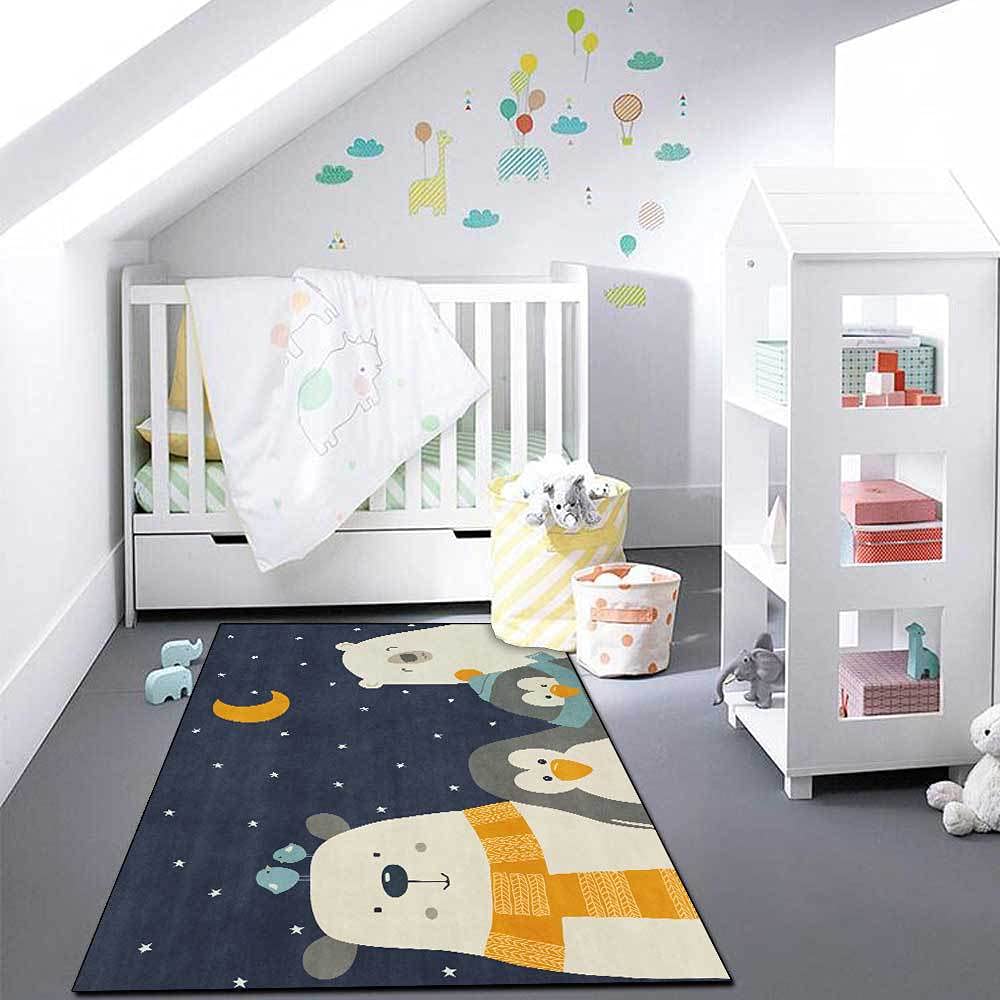 Alfombra de Juegos para bebés Casa de Carretera de Dibujos Animados Moderna Azul Oscuro, Dormitorio, Sala de Juegos, Juegos Familiares-100x120cm