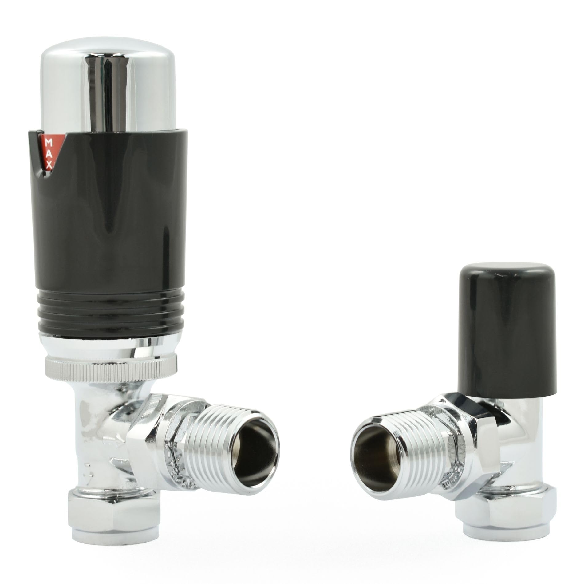 Hot Flow Chrome & Black Estuary Angled TRV Thermostatic Radiator Valve (Pair) Includes Angled TRV Body, Wheel Head, Lock Shield. for Quick & Easy Temperature Control. — image 1