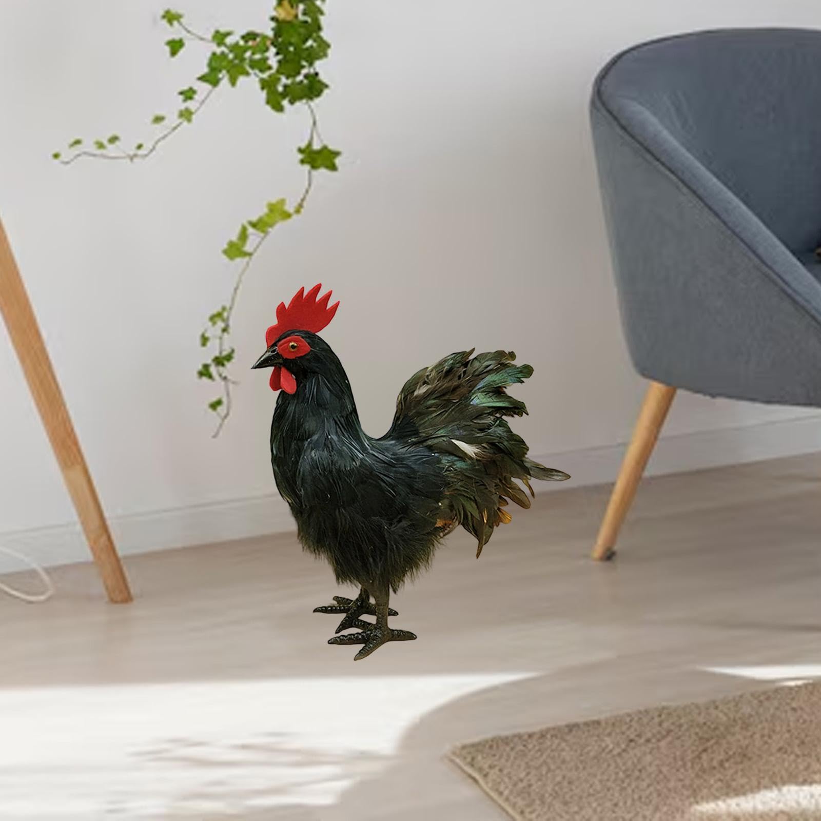 Fenteer 34cm Realistische Hahnfigur Schwarz, Gartenfigur Huhn Deko