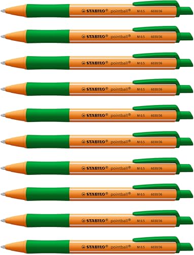 Bolígrafo retráctil STABILO pointball verde con tinta de alta fluidez, pack de 10