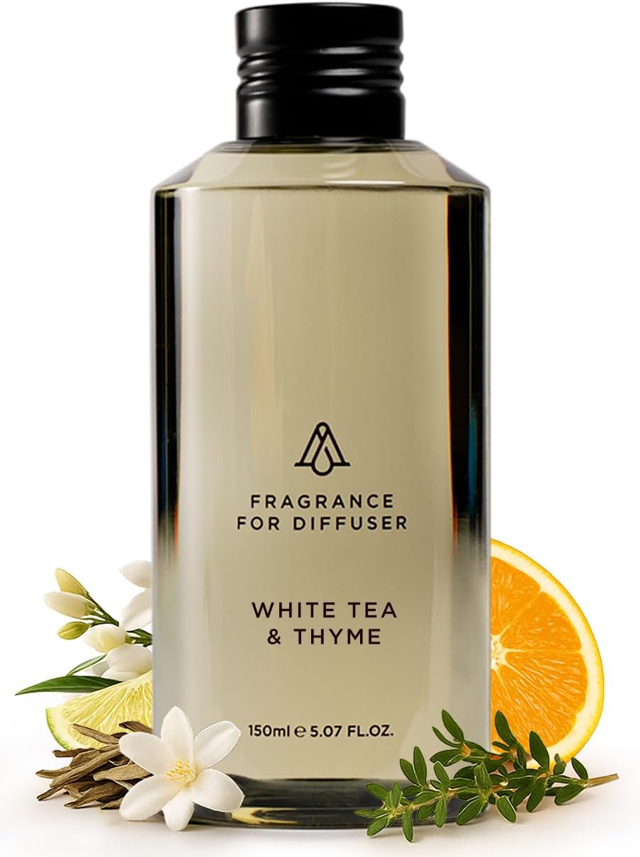 Aromaplan Hotel Scents White Tea & Thyme 5 Fl Oz (148ml), Home Luxury Aroma & Hotel Fragrance Diffuser Oil- Hotel Diffuser Oil for Aromatherapy- USA Made, Bigger Bottle, Bolder Aroma & Longer Lasting