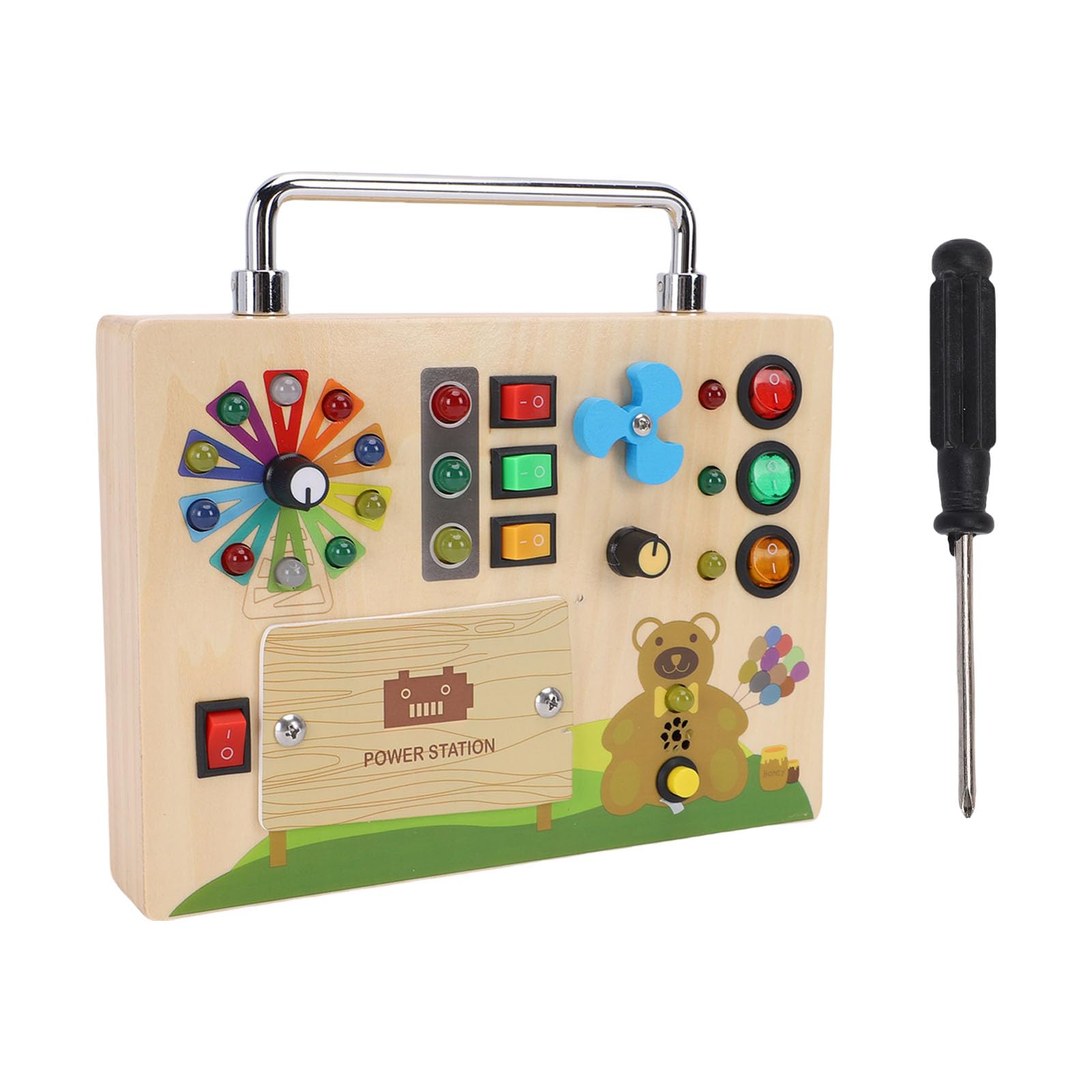 Busy Board, Sensorisches Holzspielzeug, -Aktivitätsbrett mit LED-Lichtern und Ampelwerkzeug für die Entwicklung der Feinmotorik von Kleinkindern auf Reisen