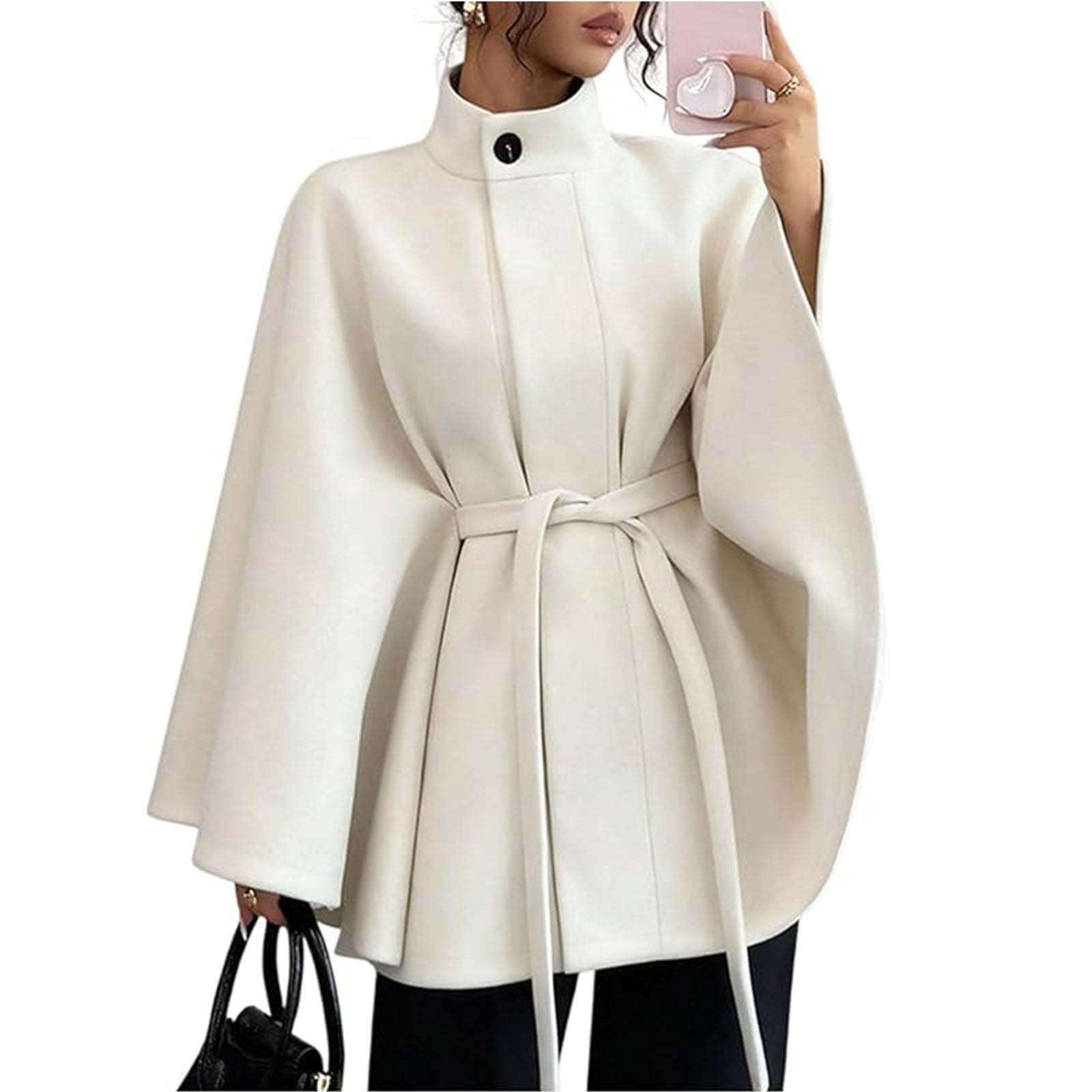 Yhtrfdmsg Women's Beige Dolman Sleeve Cape Coat Jackets, Fashion Belted Ponchos Pea Coat Oversizeds Cloak Trendy Elegant Leisure Dressy Outerwear (,Xl)