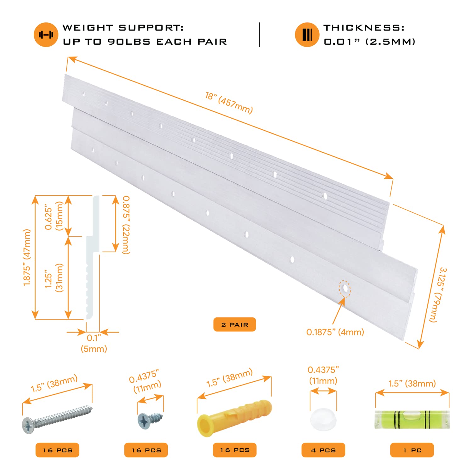 French Cleat Aufhänger 45,7 Cm – 2 Paar Alu-Z-Clips, Bis 40,8 Kg, Für Bilder, Regale & Paneele