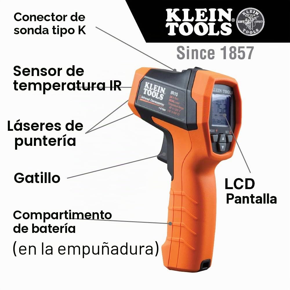 Klein Tools IR10 | Termómetro infrarrojo doble láser 20:1 | Mide de -40 a 650 °C con sonda K-Type incluida