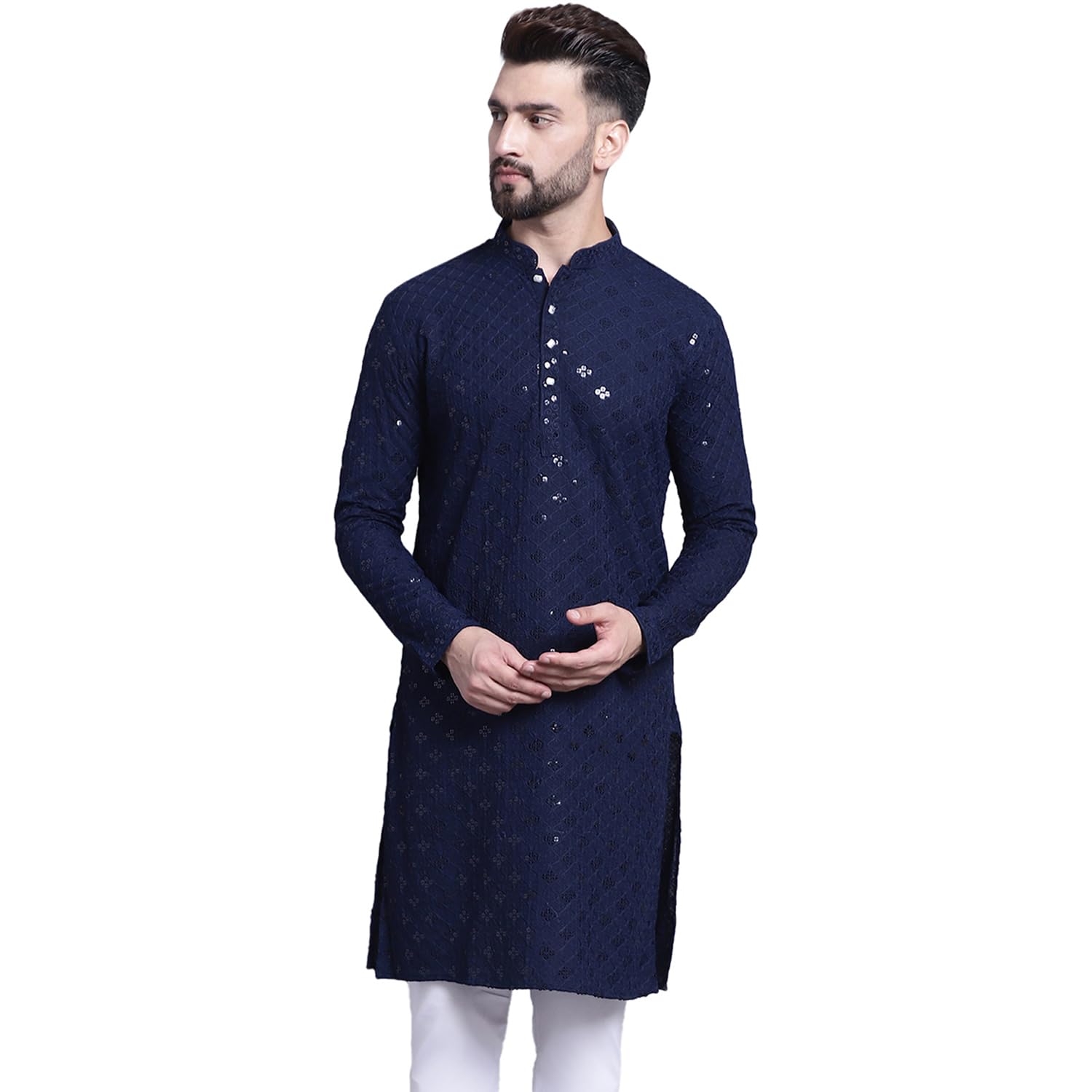 Sojanya (Since 1958 Men's Pure Cotton Navy Blue Embroidered 4Booti Sequence Kurta