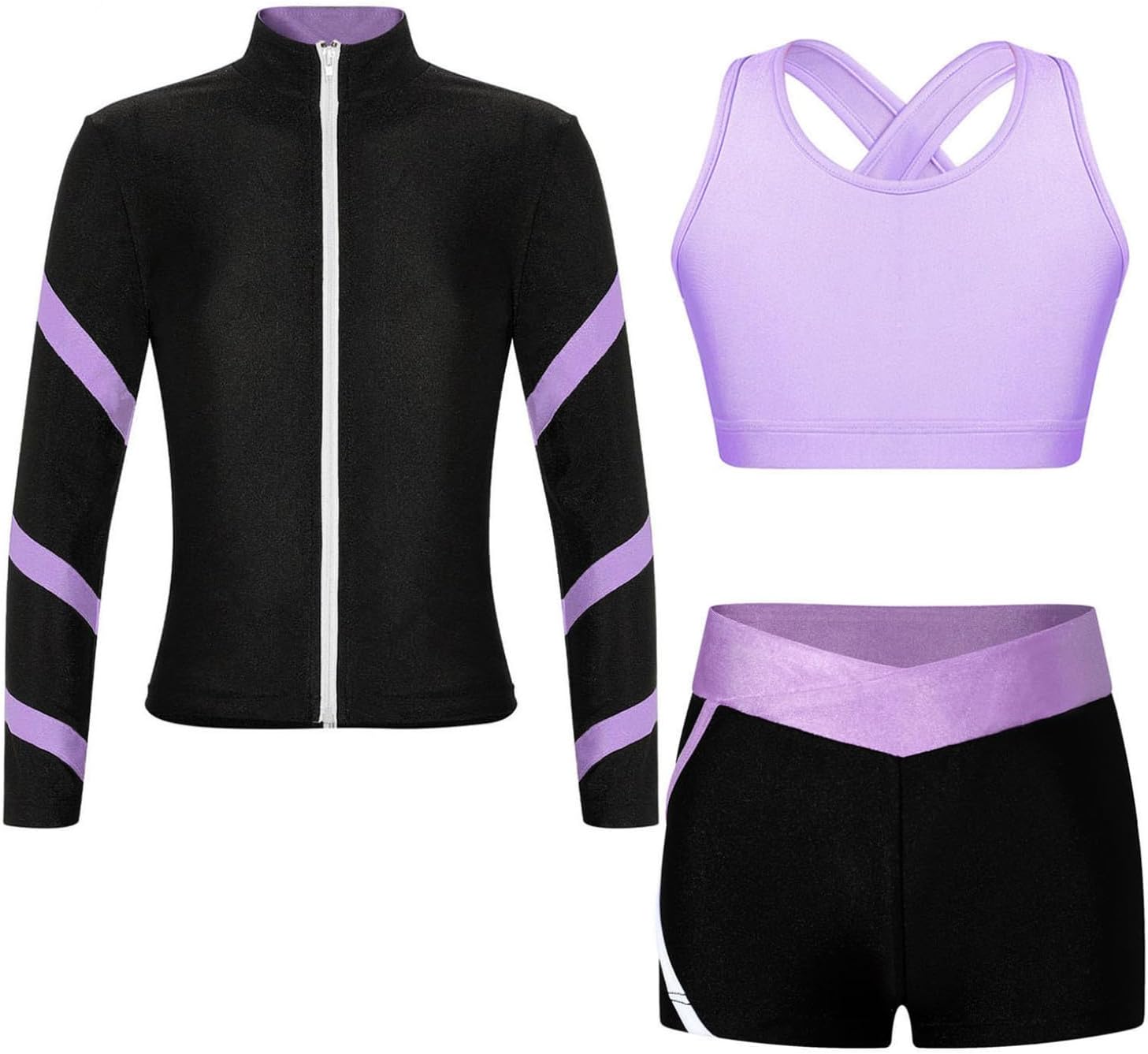 Hansber Kids Girls 3Pcs Dance Sports Outfits Crop Top Booty Shorts with Long Sleeve Jacket Gymnastics Yoga Active Set