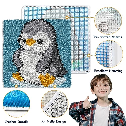Image of YP Latch Hook Kits for Kids Adults DIY Rug Tapestry Kits with Printed Canvas Embroidery Kits Festival Gifts Home Decoration (Penguin,11.8inch X 11.8inch)