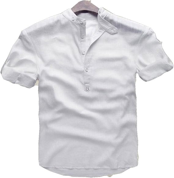 Amazon 夏服メンズシャツ 半袖 襟なし ボタンシャツ 麻 綿 袖調節可能 カジュアル シンプル ナチュラル 無地シャツ シンプル 通気性 清涼感 ブラウス ストリート ボーイズ ボタン付 かぶりタイプ Yシャツ オリジナルアクセサリー付属 Lpsb 5xl ホワイト