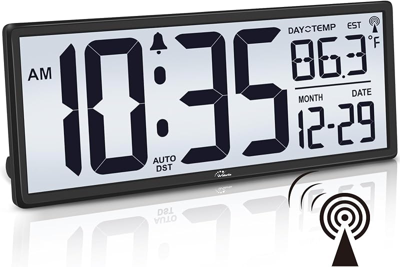 Reloj de pared digital atómico de 14,5 pulgadas con pilas y retroiluminación | Pantalla grande con temperatura y fecha, fácil de leer y configurar, horario de verano automático, 4 zonas horarias