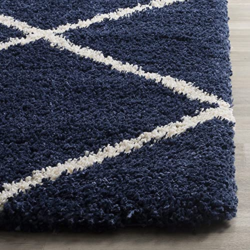 Image of Trellis Design Microfiber Hand Woven Shaggy Carpet Collection with 2 inch Pile Height Carpet for Living Room Size 5x5 feet Round coular Blue /Ivory