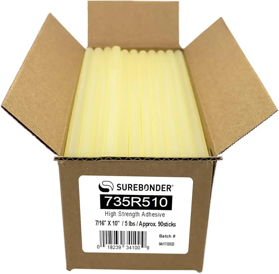 Surebonder 735R510 Full Size 10" High Strength Hot Glue Sticks for Cardboard, Plastic, Wood, Metal - 90 Glue Sticks, Amber, 5 lb Box