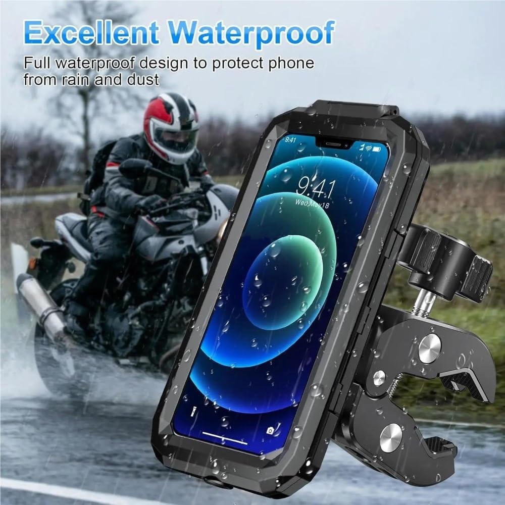 Soporte para Teléfono Bicicleta Manillar Impermeable para Motocicleta Pantalla Táctil Giratoria 360​​° Clip Antivibración para 5.5-7"(Strong Clamp)