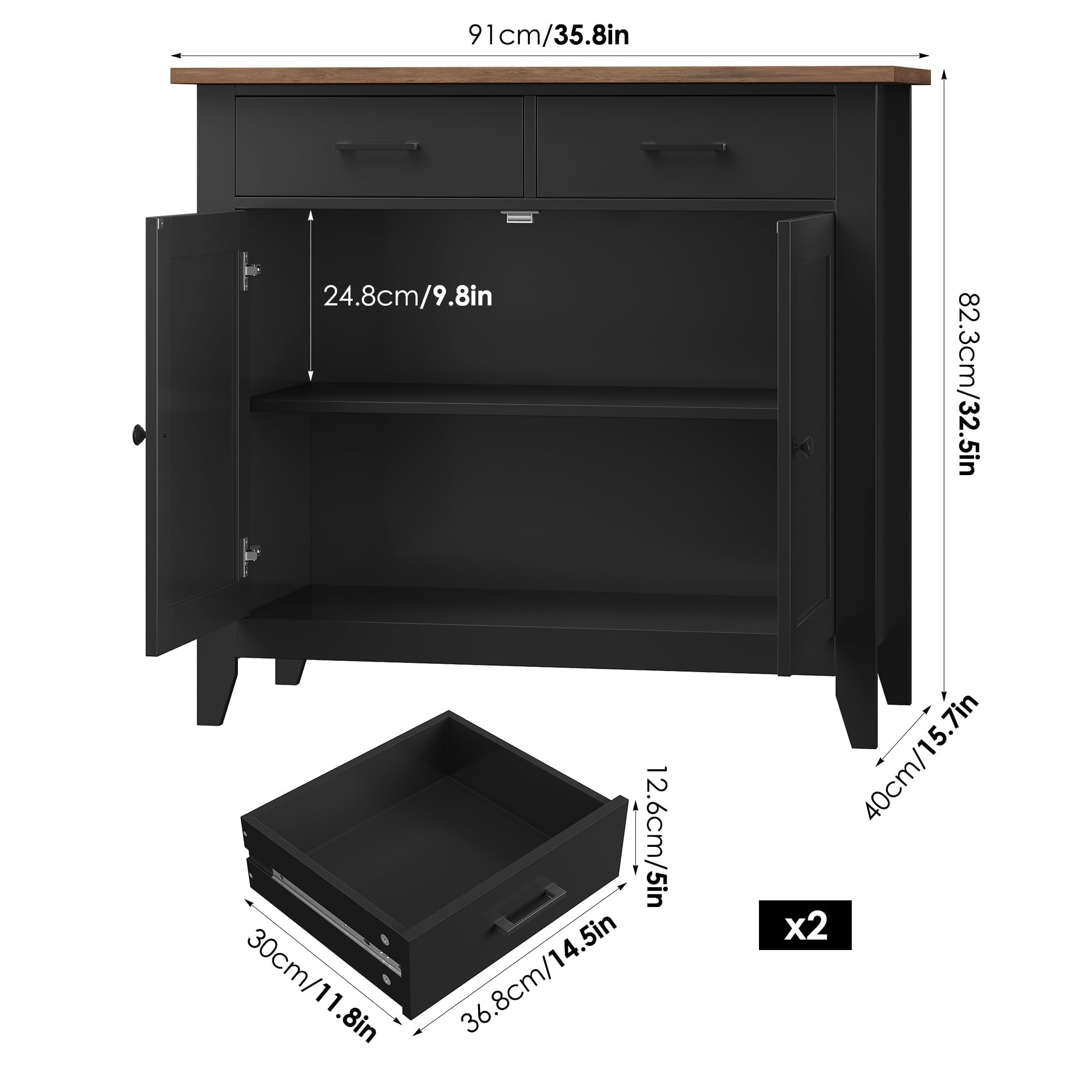 HOCSOK Credenza Buffet, Mobile da Cucina con 2 Armadi e 2 Cassetti, Armadio di Stoccaggio in Legno, Stile Farmhouse, per Soggiorno Sala da Pranzo, Ingresso, Nero, 82x40x91cm