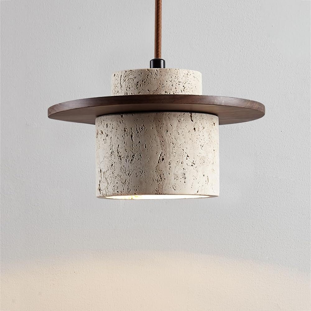 LYMSXAZOU Modern Minimalist Travertine Pendant Light with Walnut Wood Accent Creative Rustic Stone Hanging Lamp Indoor Ambient Decor Chandelier for Kitchen Island Dining Room Bedside
