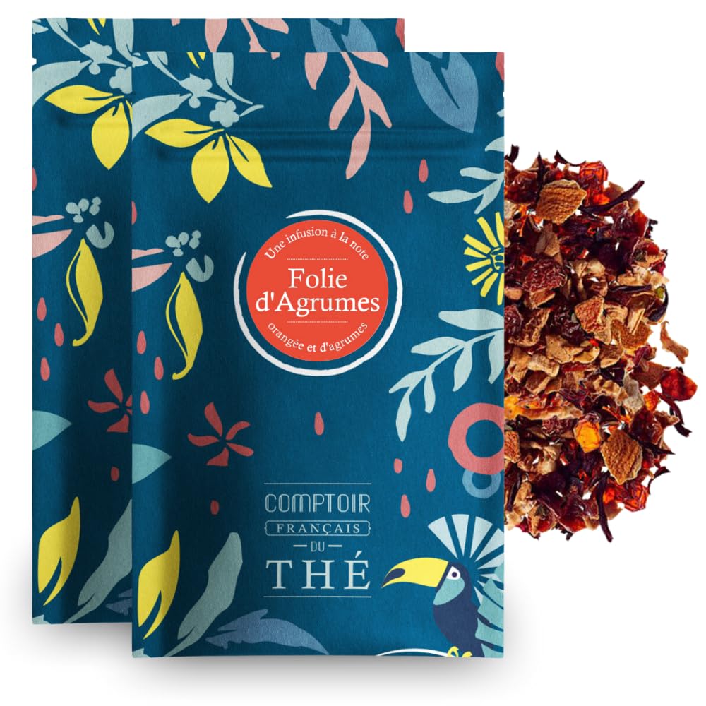 2x100g d'Infusion Orange Agrumes - Folie D'Agrumes COMPTOIR FRANÇAIS DU THÉ | Arômes d'orange et d'agrumes - Délicieuse chaude ou glacée - Infusion en vrac, sachet zip refermable - coffret thé à offrir
