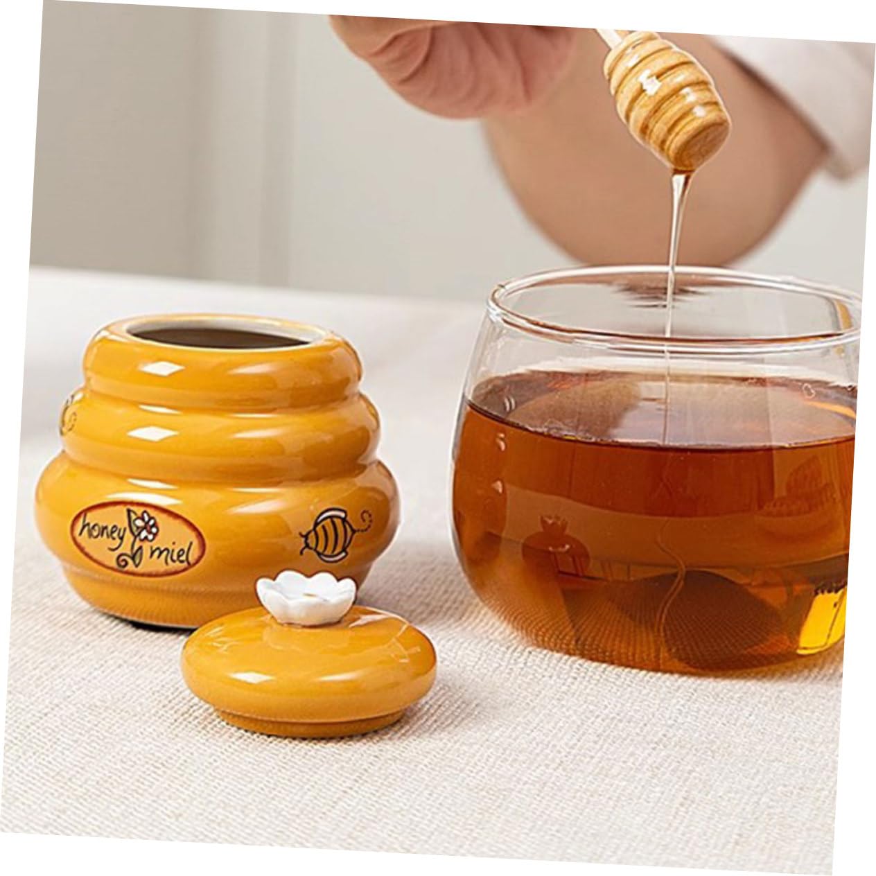 Amosfun Lot De 5 Récipients Avec Louche En Bois Et Céramique Avec Couvercle Distributeur De Sirop Multi-usages Pour