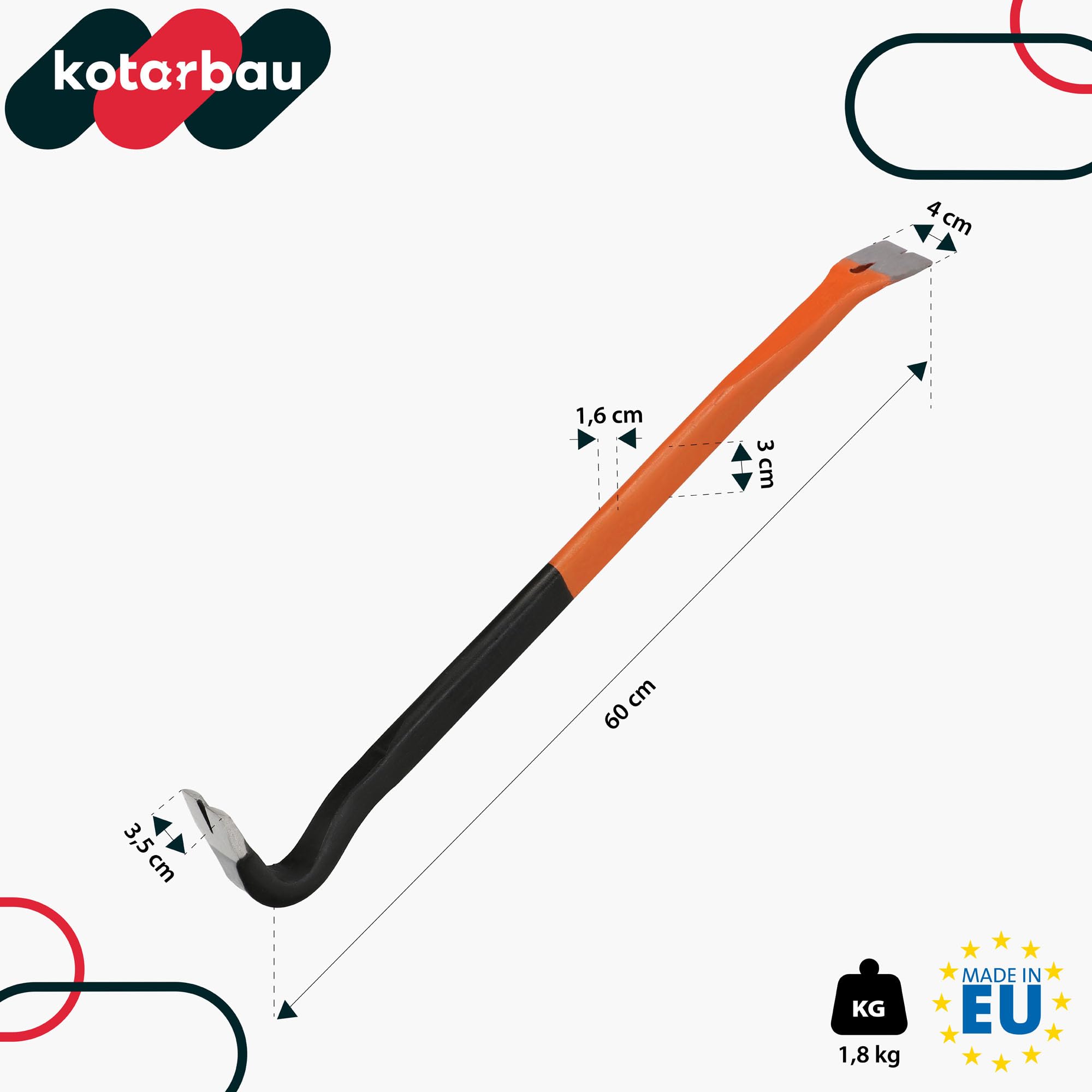 Kotarbau® - Pied de biche forgé - 600 mm - Résistant à la flexion - Pied de biche double face en acier