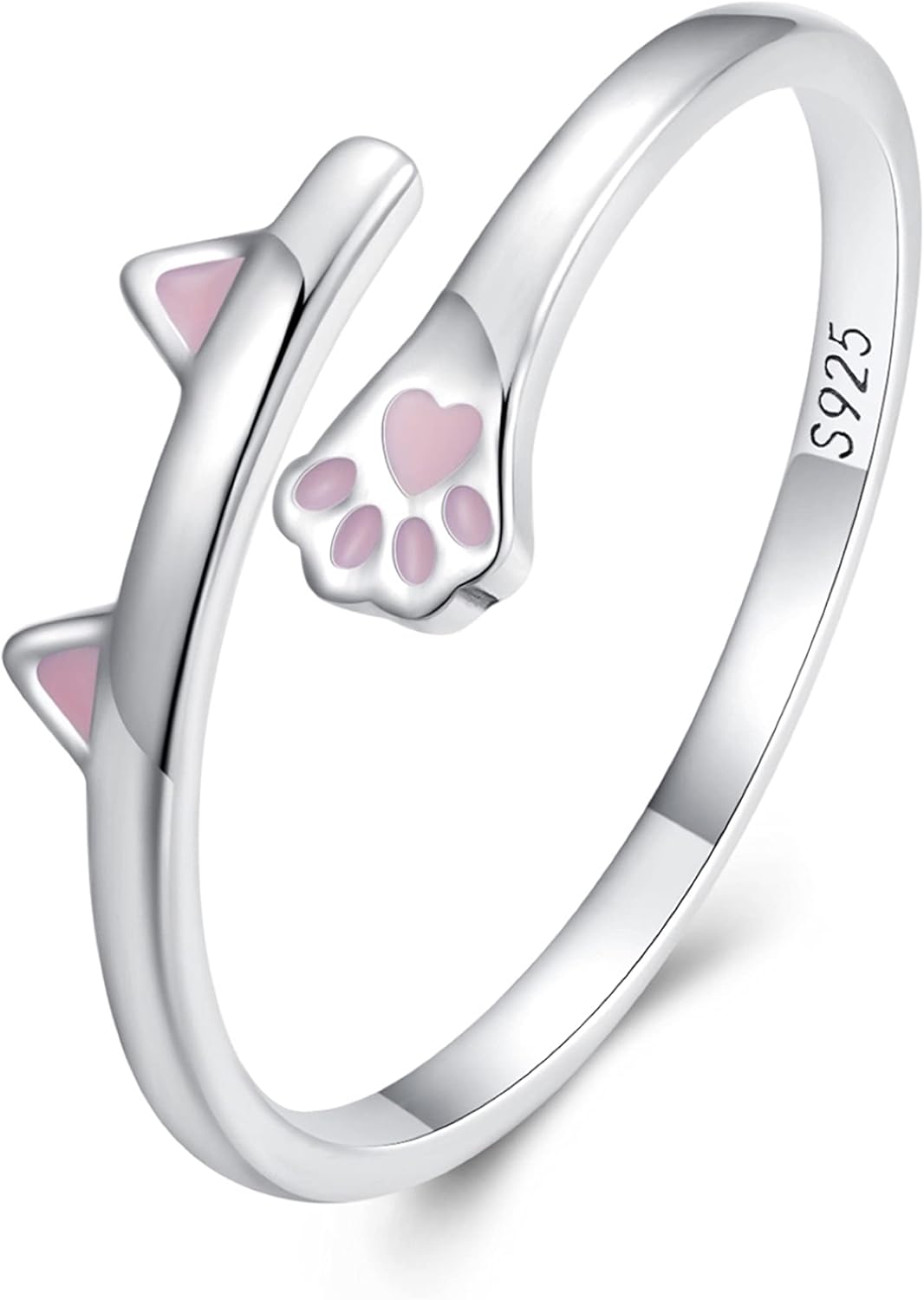 Adjustable Cat Ring Paw Print Open Rings Drip Painting Jewellery for Women, 925 Sterling Silver Pink Animal Motif Ring for Anniversary, Birthday, Valentine’s Day